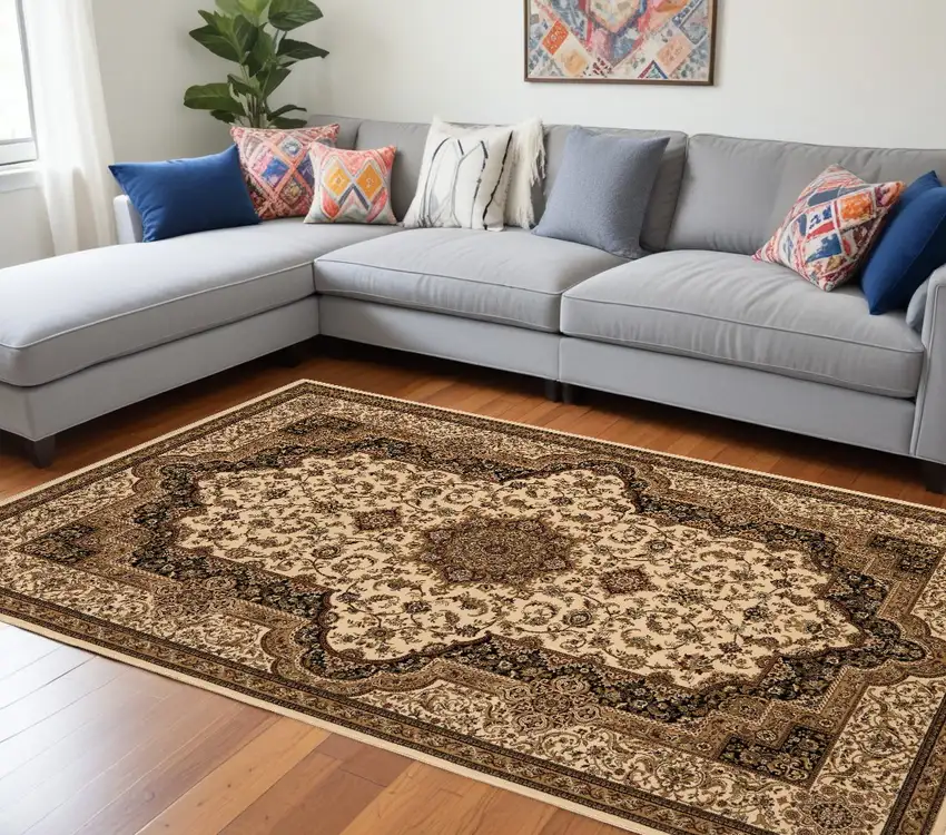 Black and Ivory Oriental Power Loom Area Rug Photo 1