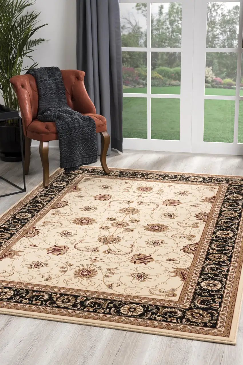 Cream and Black Decorative Area Rug Photo 6