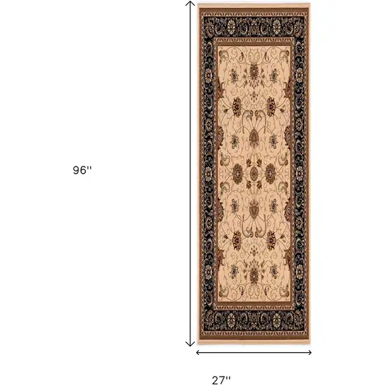 8' Black And Ivory Oriental Runner Rug Photo 3