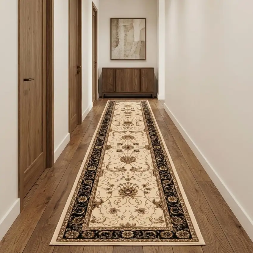 13' Black And Ivory Oriental Runner Rug Photo 1