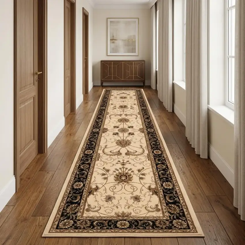 15' Black And Ivory Oriental Runner Rug Photo 1