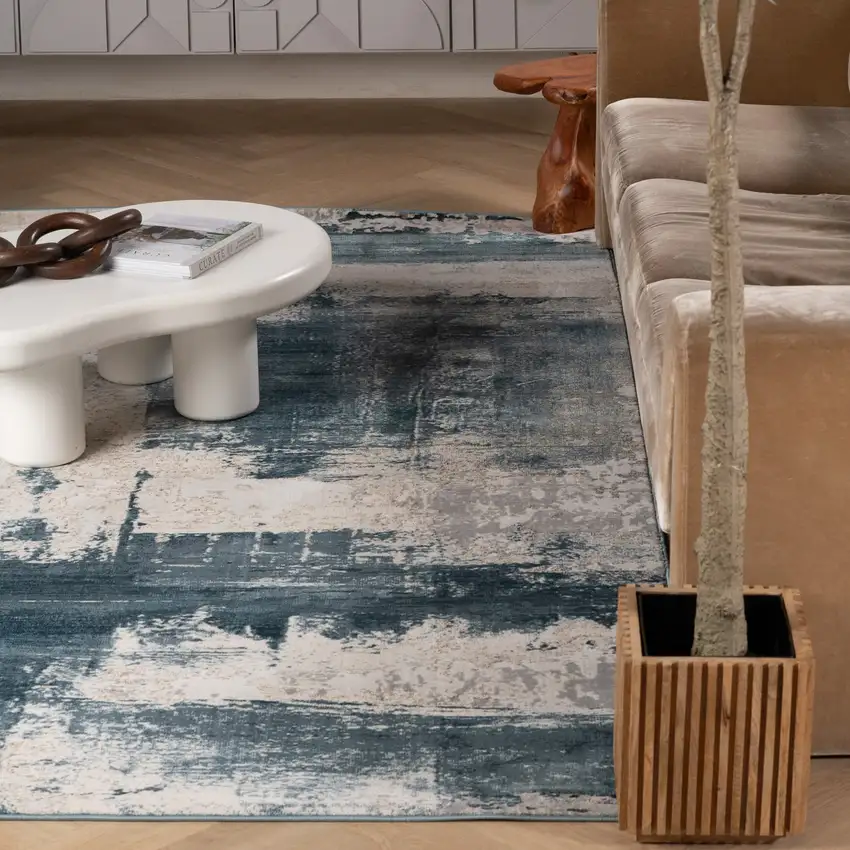 Blue And Ivory Abstract Dhurrie Area Rug Photo 8