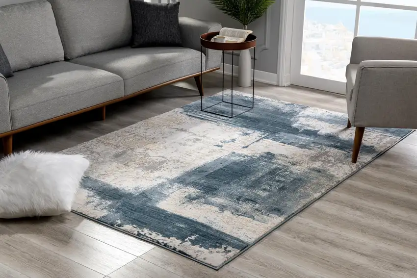 Cream and Blue Abstract Patches Area Rug Photo 6