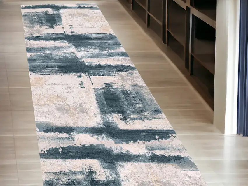 15' Blue And Ivory Abstract Dhurrie Runner Rug Photo 1