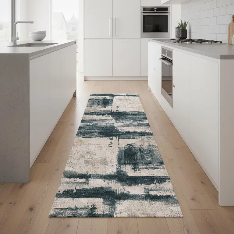 Cream and Blue Abstract Patches Runner Rug Photo 5