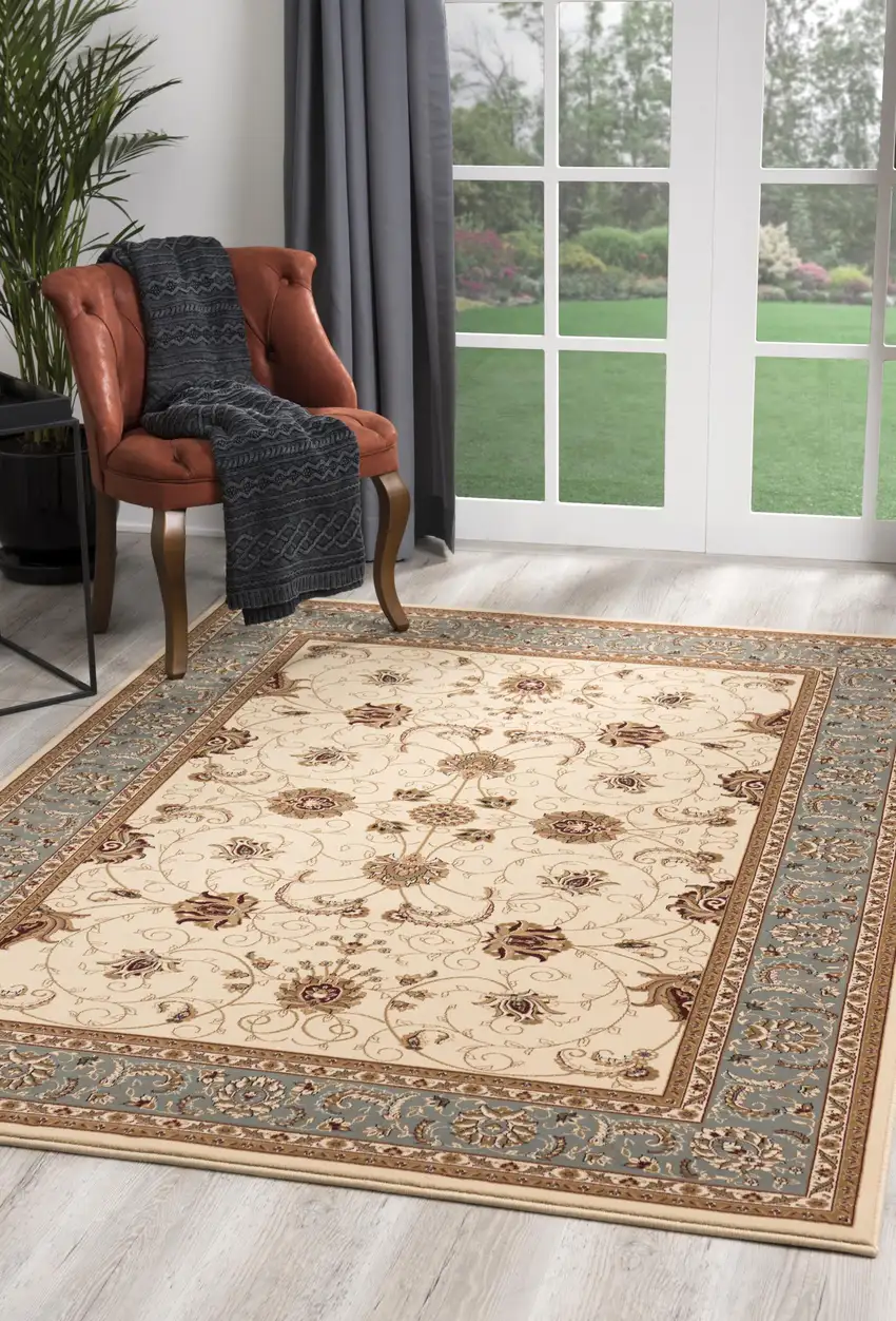 Cream and Blue Traditional Area Rug Photo 6