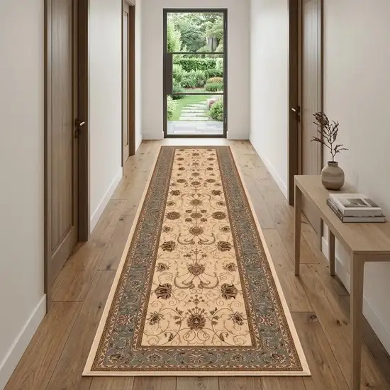 10' Blue And Ivory Oriental Runner Rug Photo 1