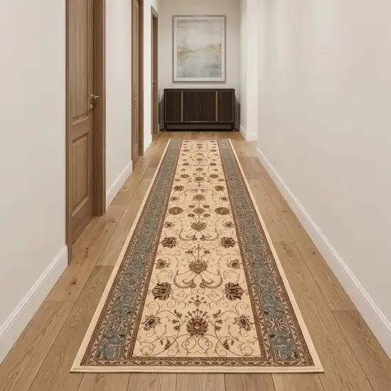 13' Blue And Ivory Oriental Runner Rug Photo 1