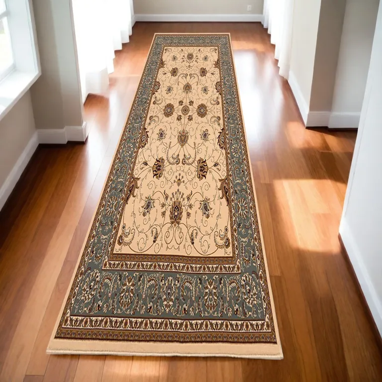 Cream and Blue Traditional Runner Rug Photo 3
