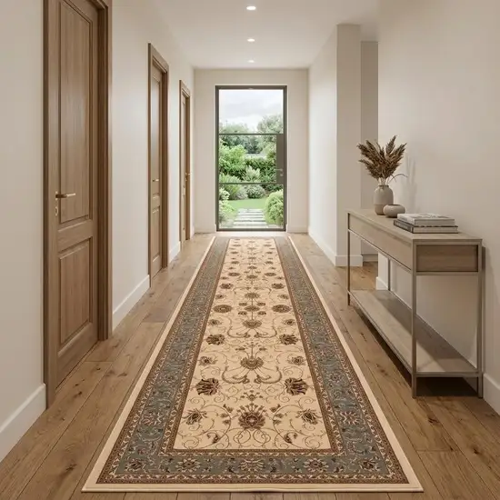 15' Blue And Ivory Oriental Runner Rug Photo 1