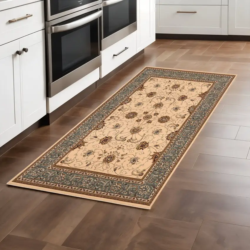 8' Blue And Ivory Oriental Runner Rug Photo 1