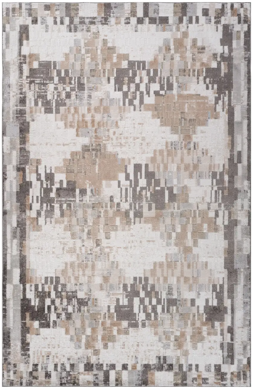 Cream and Brown Abstract Distressed Area Rug Photo 2