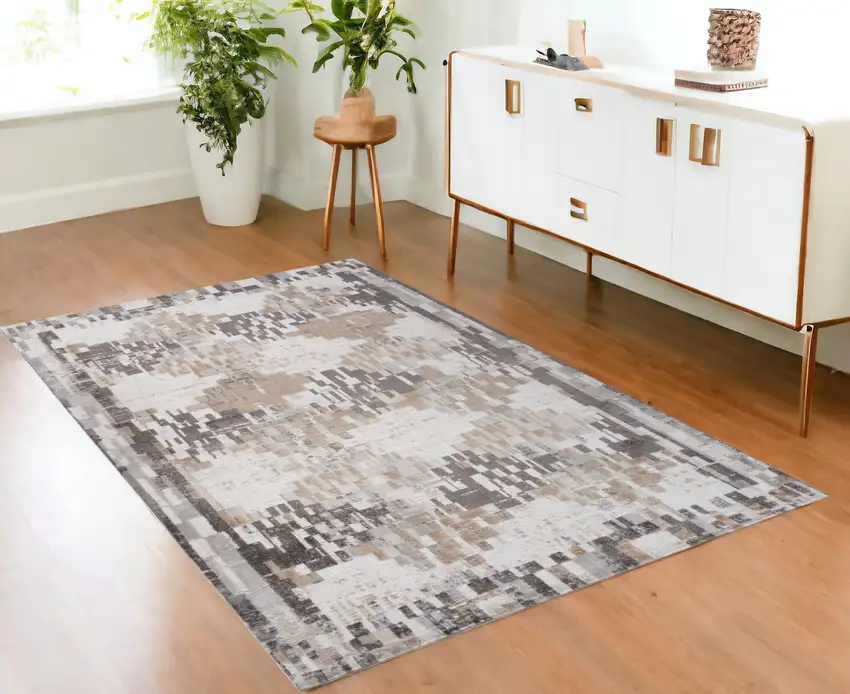 Cream and Brown Abstract Distressed Area Rug Photo 1