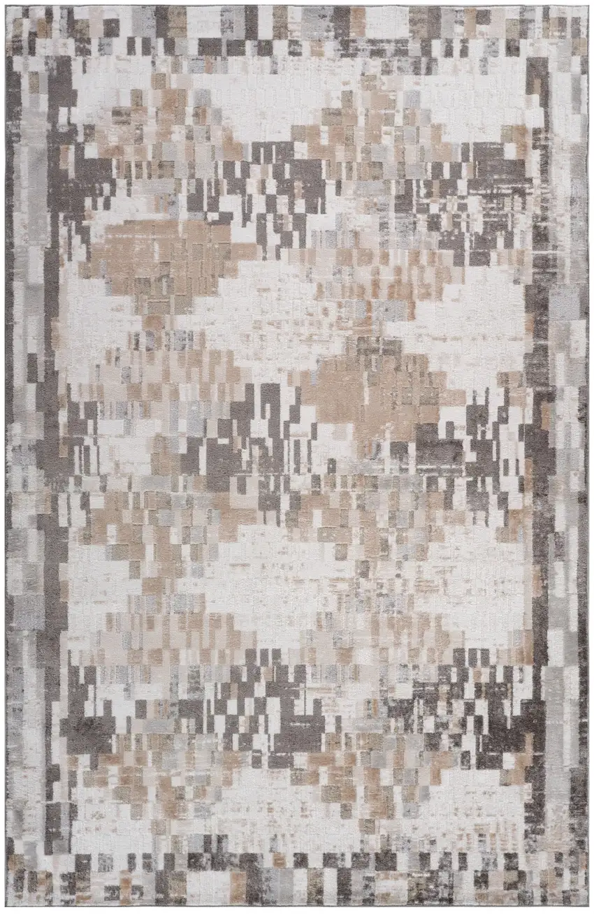 Cream and Brown Abstract Distressed Area Rug Photo 4