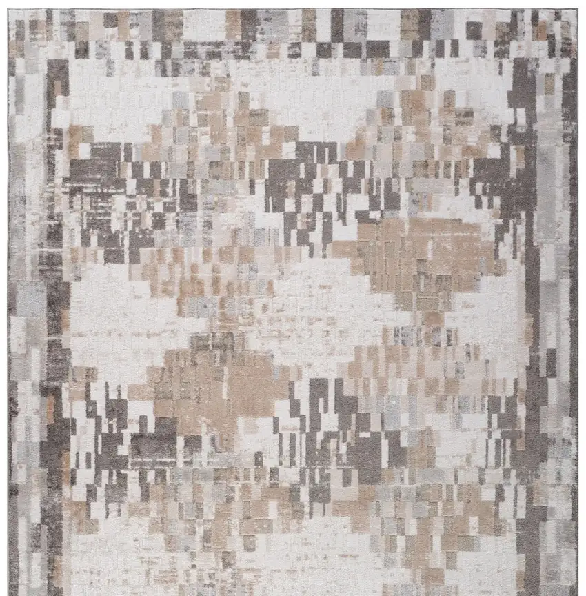 Cream and Brown Abstract Distressed Area Rug Photo 5