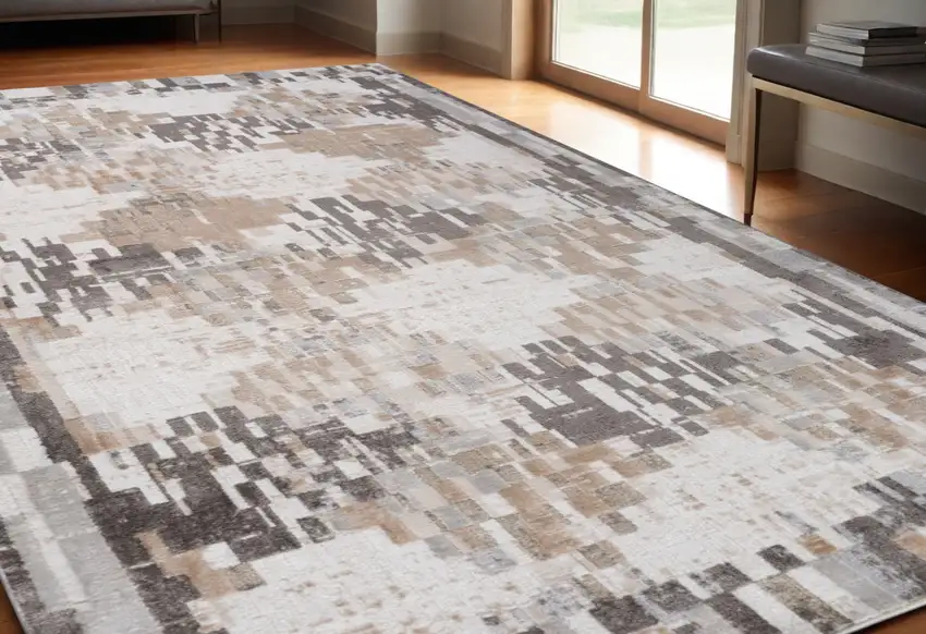 Cream and Brown Abstract Distressed Area Rug Photo 1
