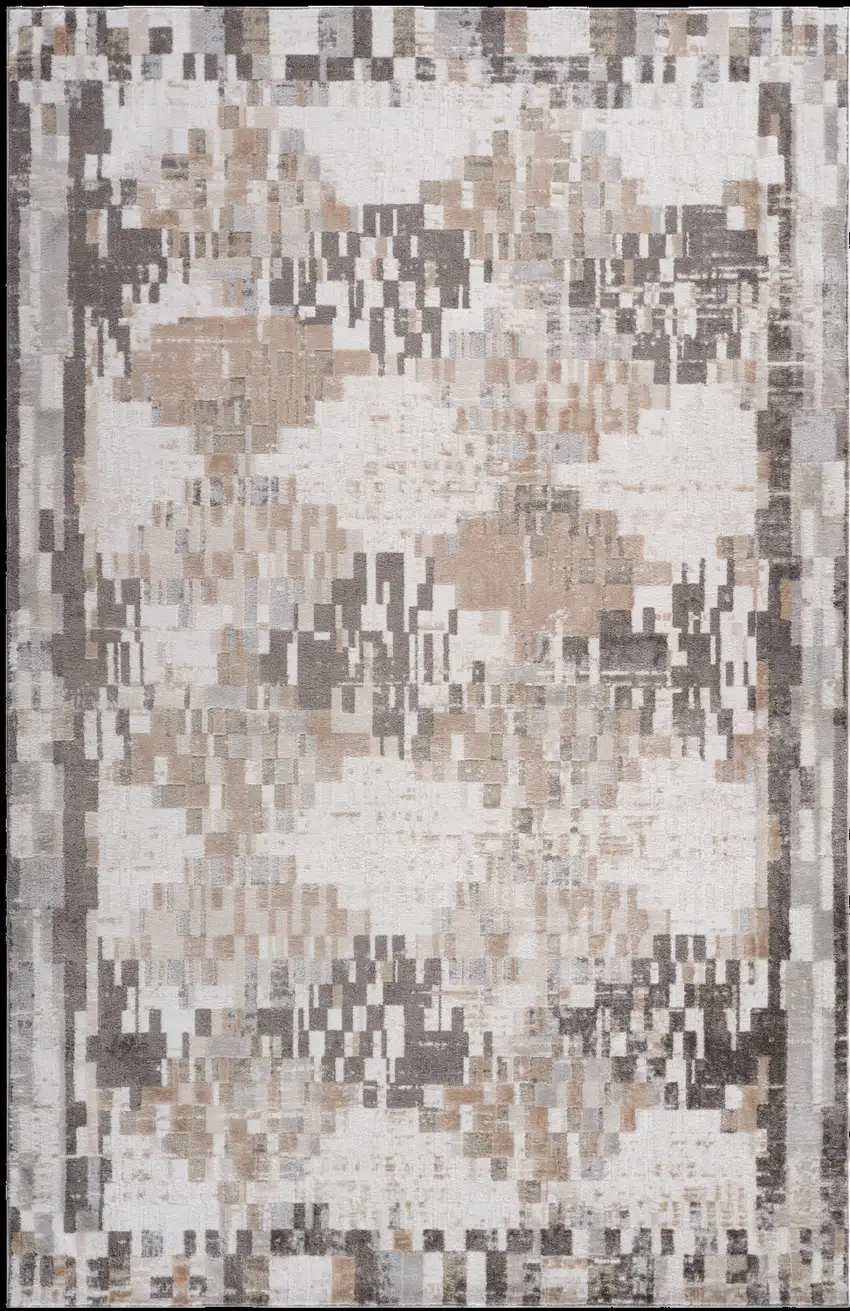 Cream and Brown Abstract Distressed Area Rug Photo 4