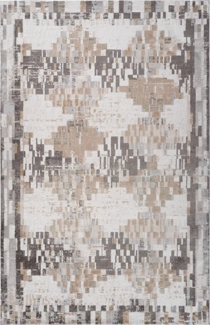Cream and Brown Abstract Distressed Area Rug Photo 2