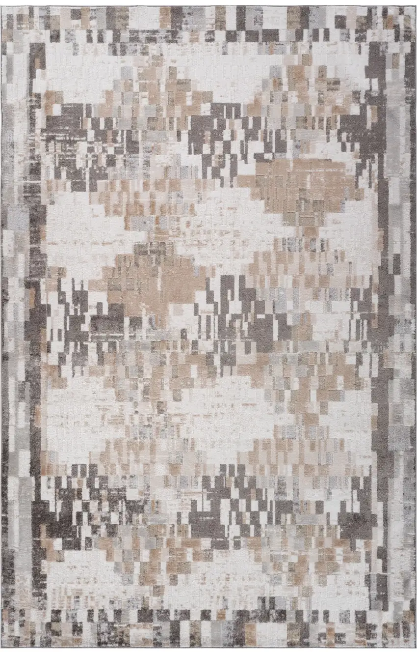 Cream and Brown Abstract Distressed Area Rug Photo 2