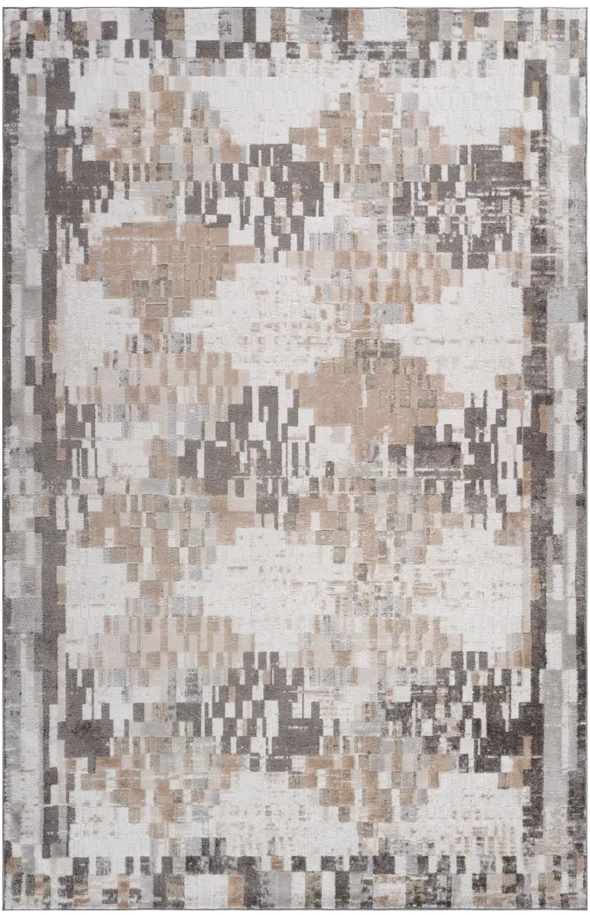 Cream and Brown Abstract Distressed Area Rug Photo 4