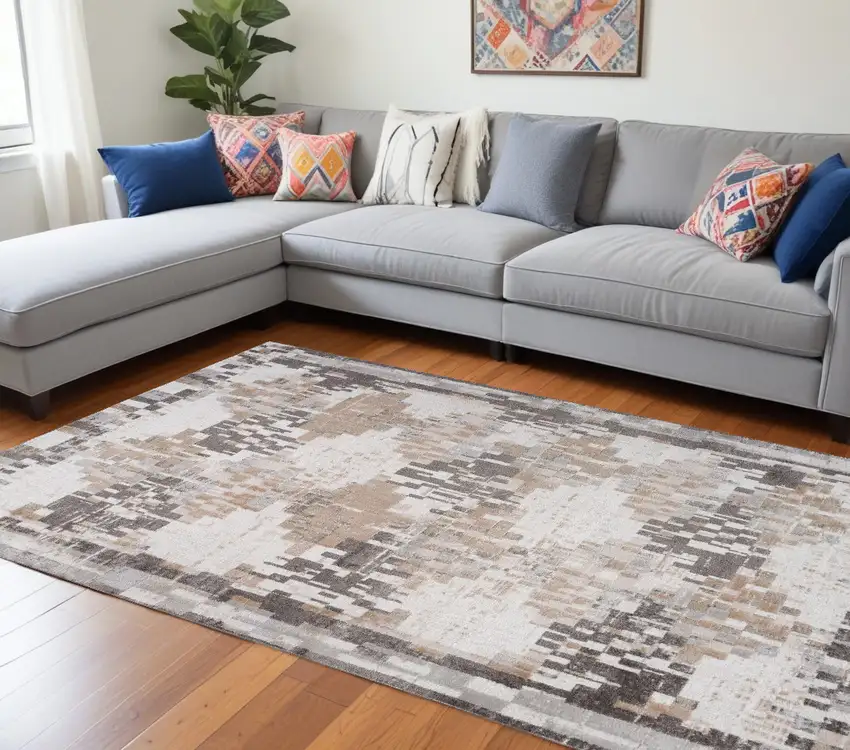 Cream and Brown Abstract Distressed Area Rug Photo 1