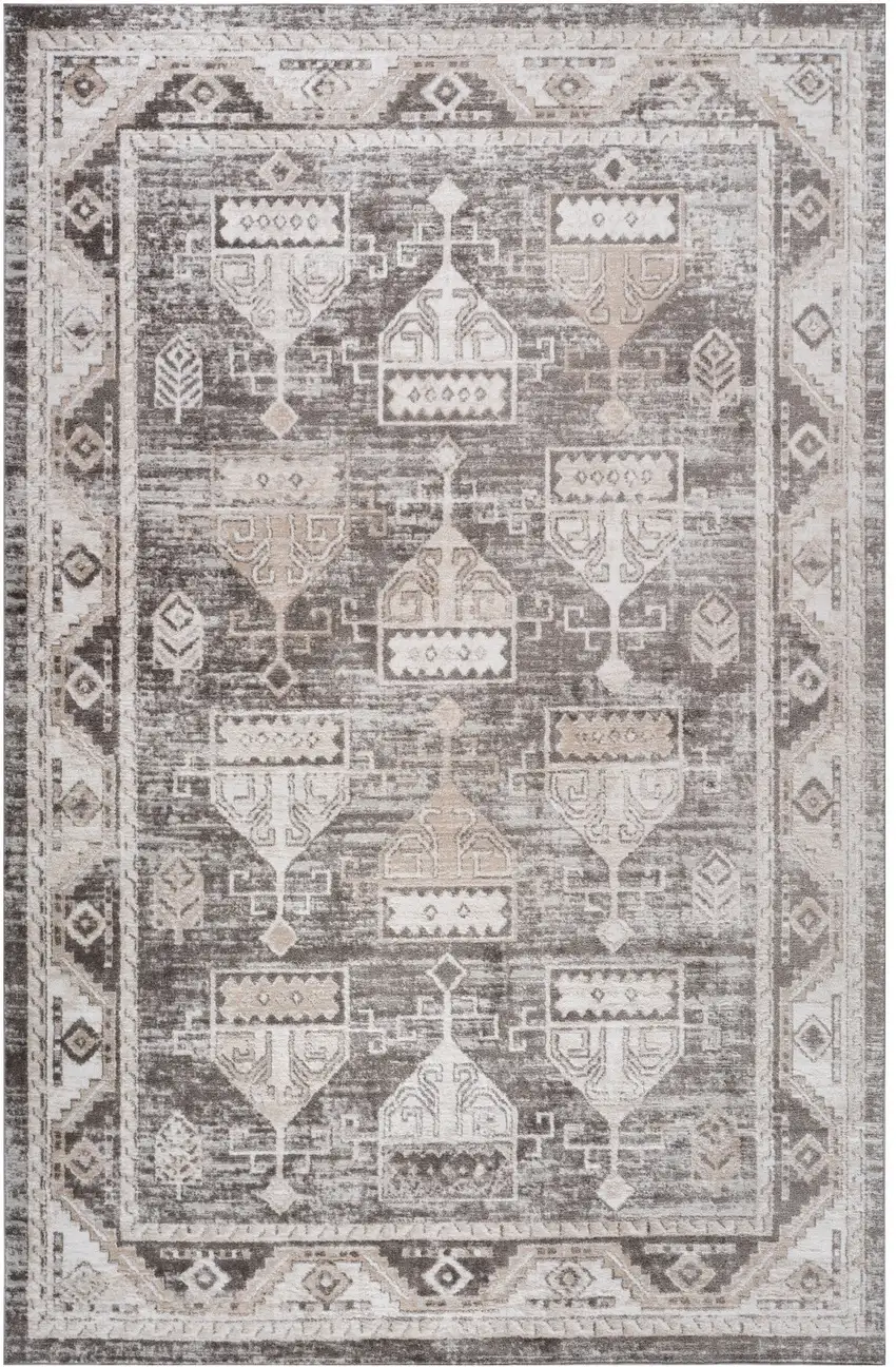 Cream and Brown Abstract Distressed Area Rug Photo 4