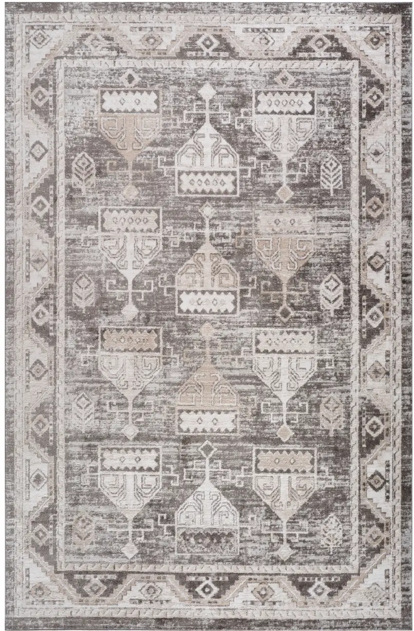 Cream and Brown Abstract Distressed Area Rug Photo 2