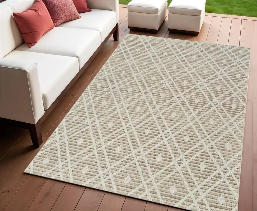 Cream and Brown Geometric Distressed Indoor Outdoor Area Rug Photo 1