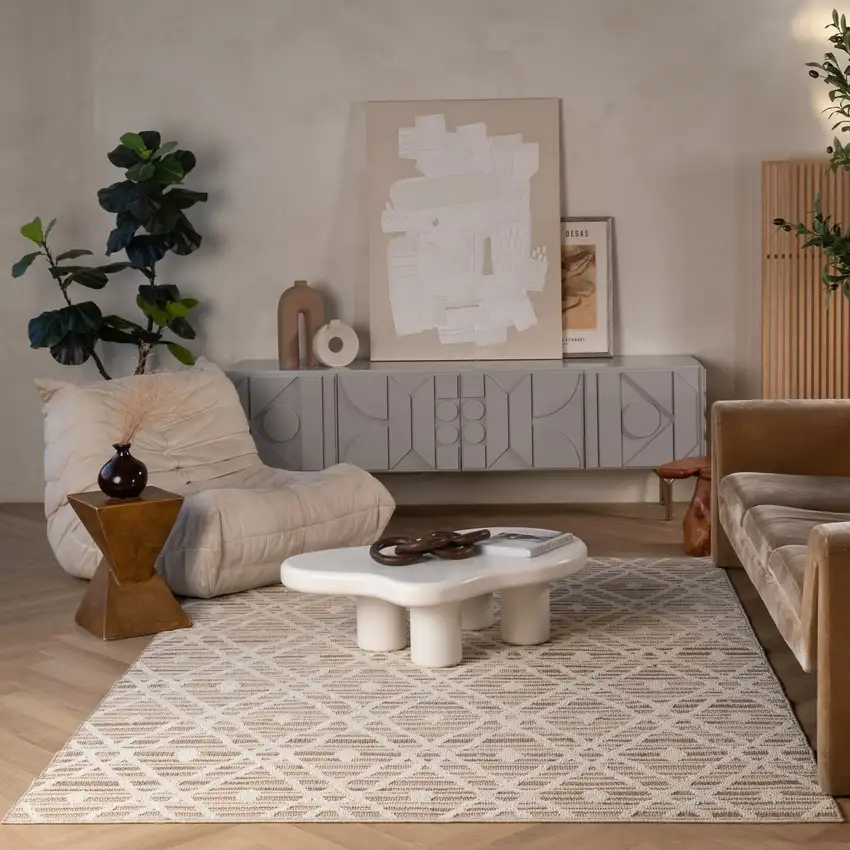Cream and Brown Geometric Distressed Indoor Outdoor Area Rug Photo 8