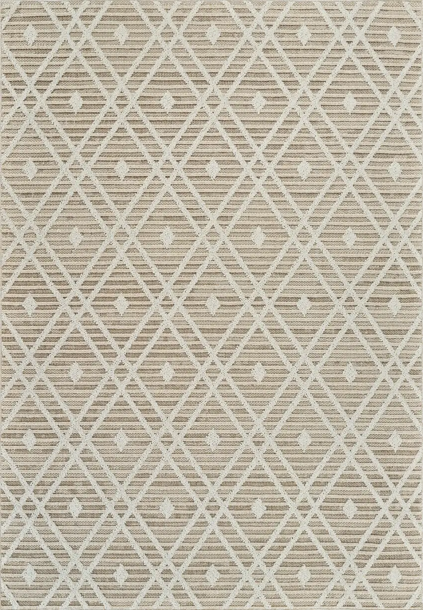 Cream and Brown Geometric Distressed Indoor Outdoor Area Rug Photo 4