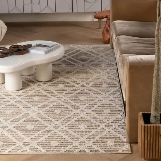Cream and Brown Geometric Distressed Indoor Outdoor Area Rug Photo 9