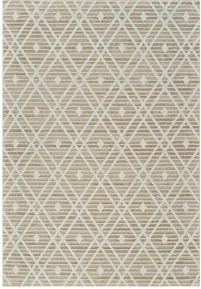 Cream and Brown Geometric Distressed Indoor Outdoor Area Rug Photo 1