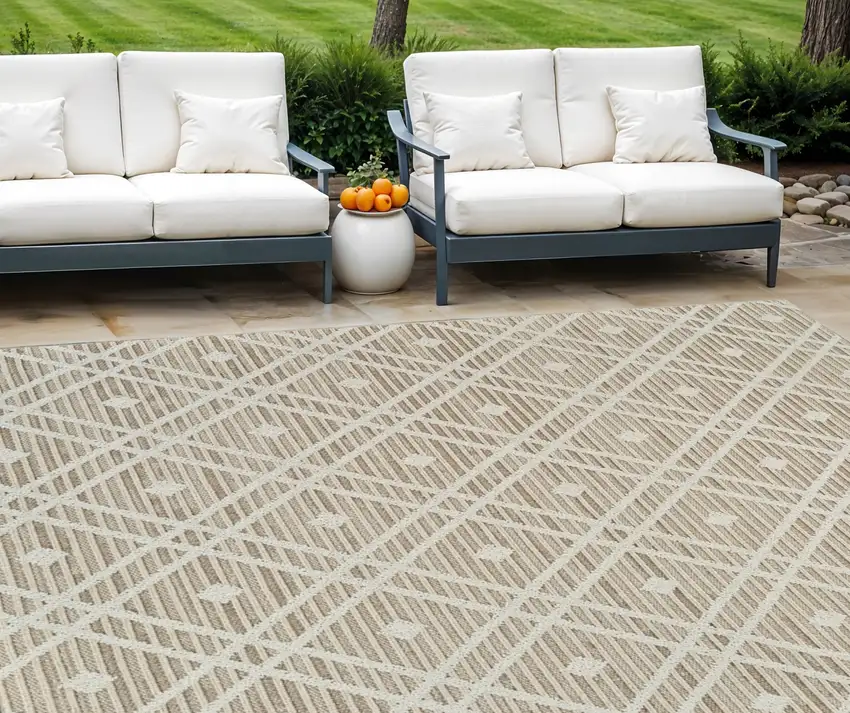 Cream and Brown Geometric Distressed Indoor Outdoor Area Rug Photo 2