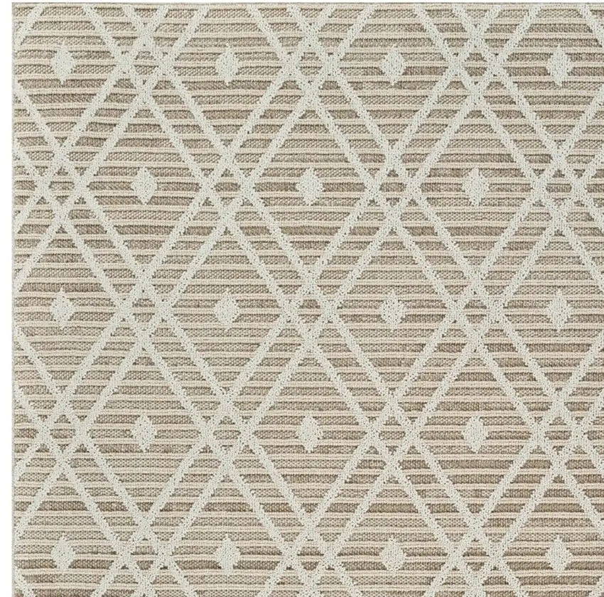 Cream and Brown Geometric Distressed Indoor Outdoor Area Rug Photo 3