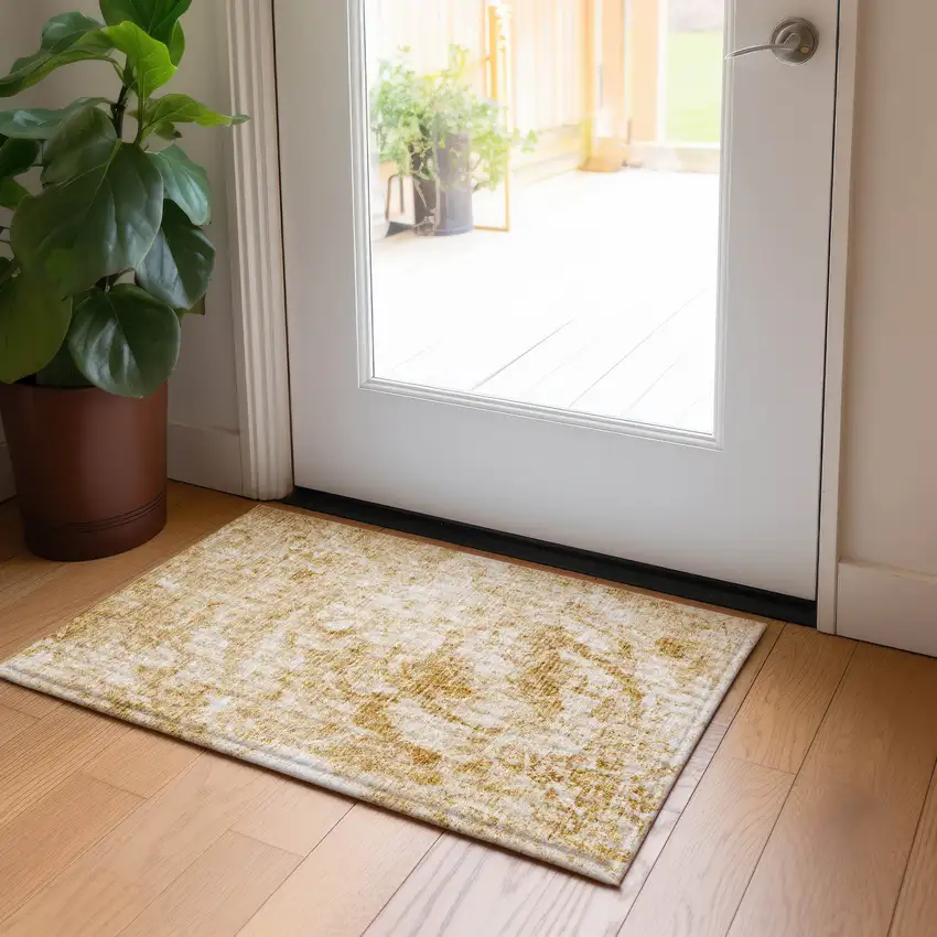 Cream and Gold Abstract Washable Non Skid Indoor Outdoor Area Rug Photo 9