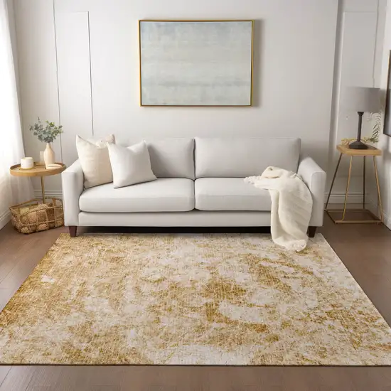 Cream and Gold Abstract Washable Non Skid Indoor Outdoor Area Rug Photo 7