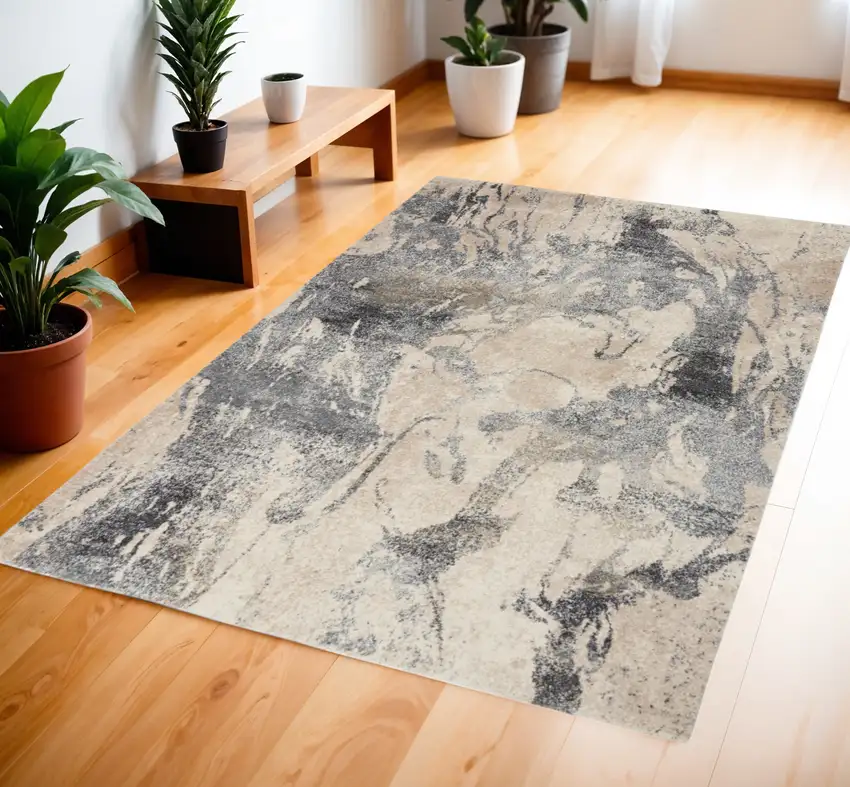 Cream and Gray Abstract Distressed Area Rug Photo 1