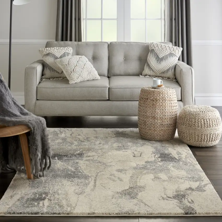 Cream and Gray Abstract Distressed Area Rug Photo 3