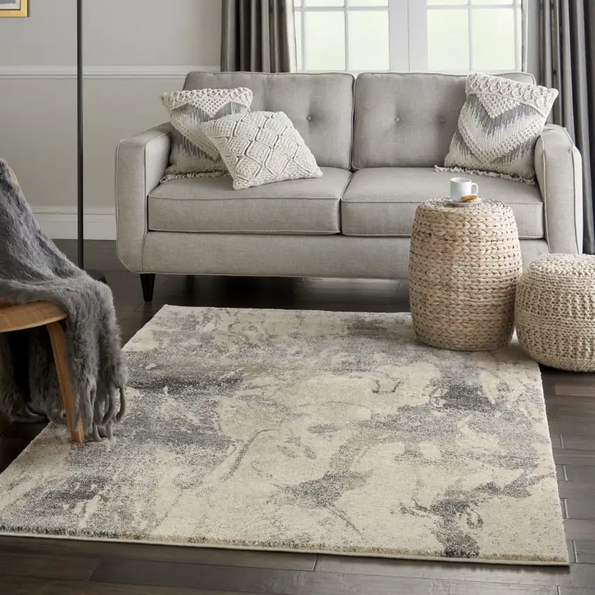 Cream and Gray Abstract Distressed Area Rug Photo 5