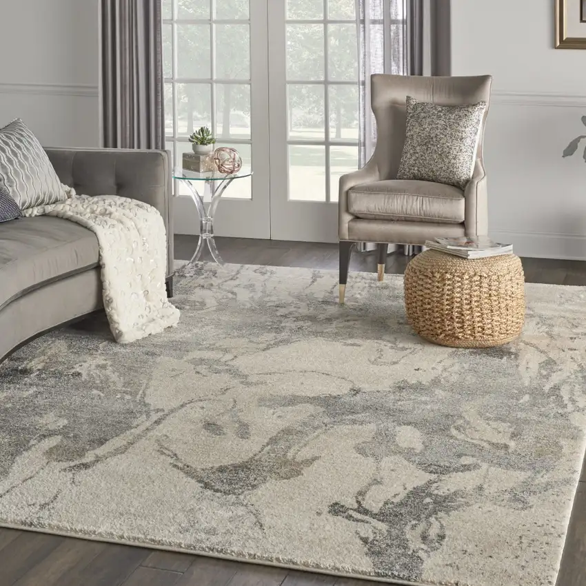 Cream and Gray Abstract Distressed Area Rug Photo 5