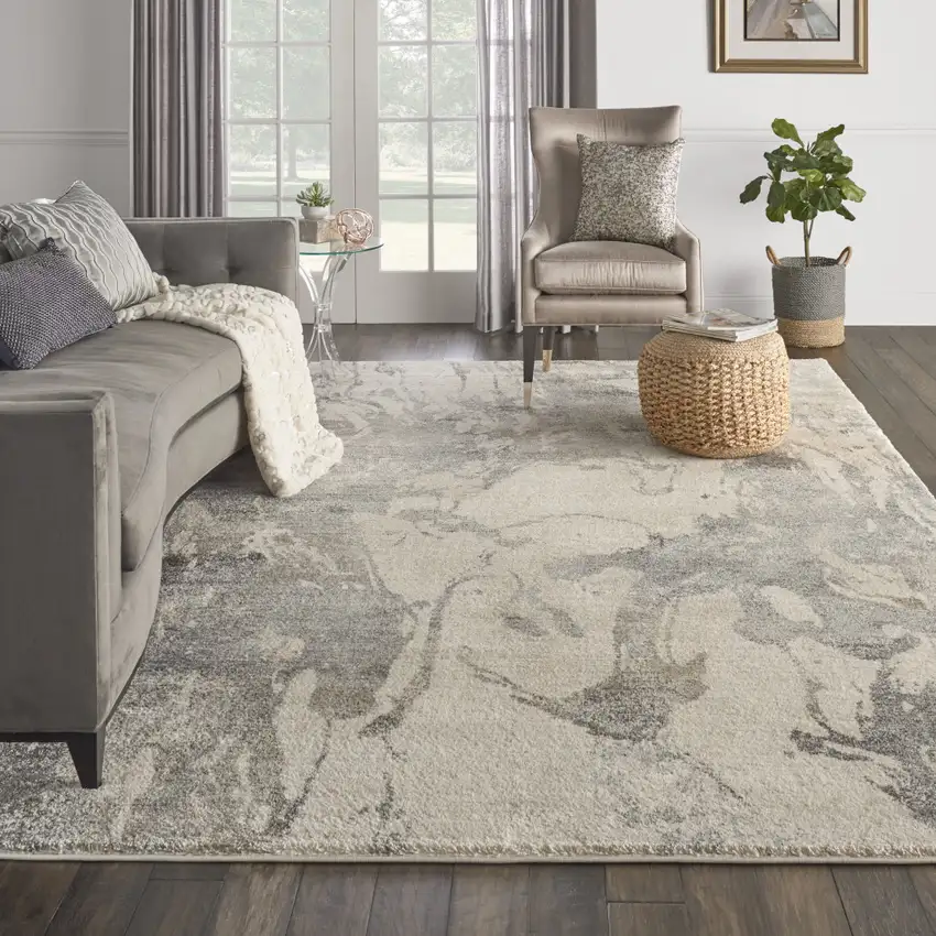 Cream and Gray Abstract Distressed Area Rug Photo 3