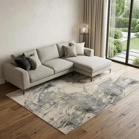Cream and Gray Abstract Distressed Area Rug Photo 1