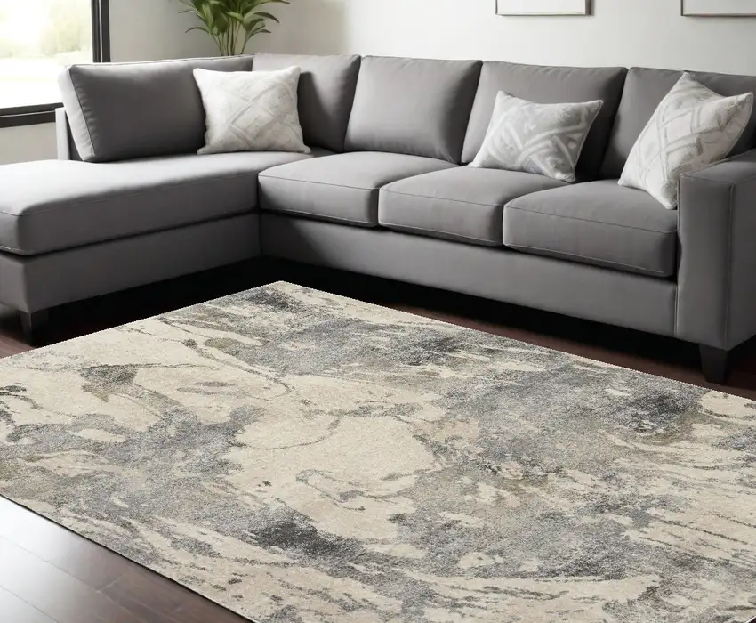 Cream and Gray Abstract Distressed Area Rug Photo 1