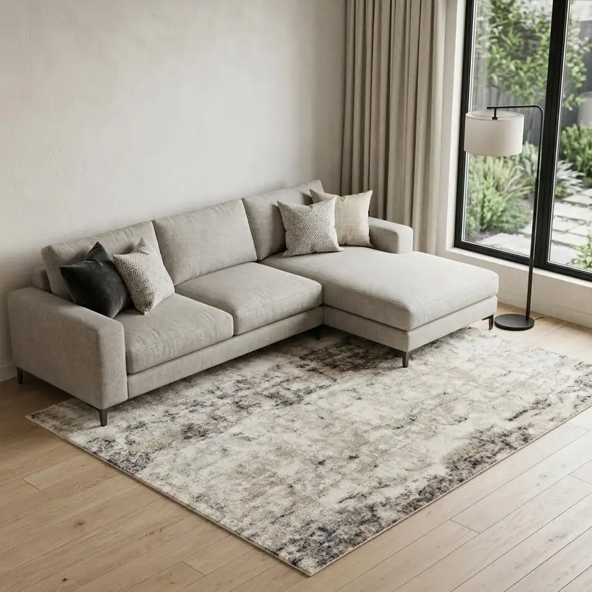 Cream and Gray Abstract Non Skid Area Rug Photo 1
