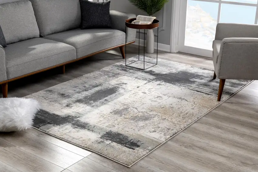 Cream and Gray Abstract Patches Area Rug Photo 6