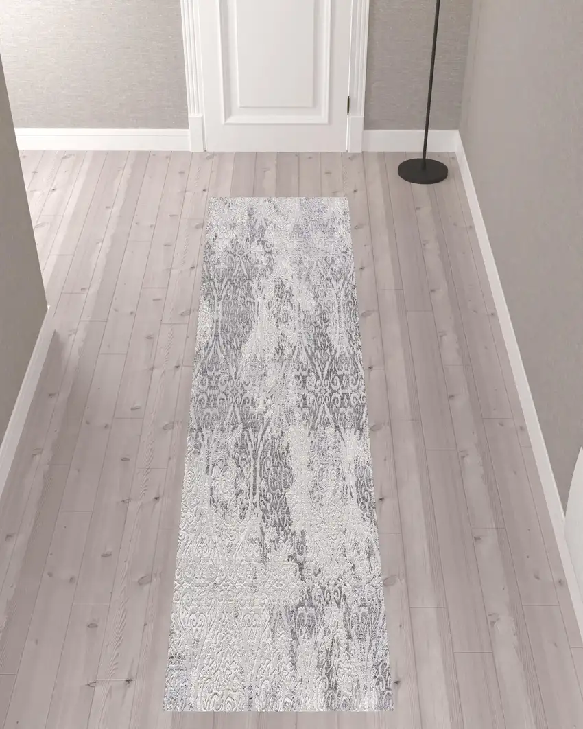 Cream and Gray Faded Filigree Runner Rug Photo 7