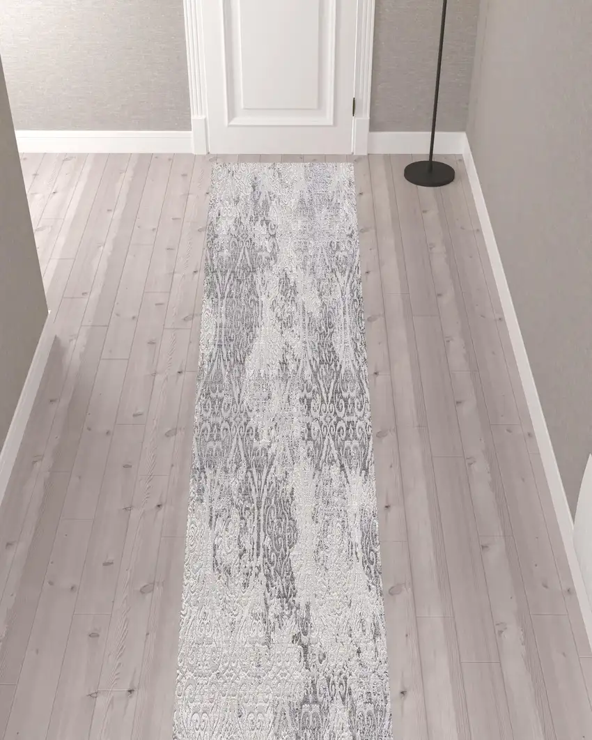Cream and Gray Faded Filigree Runner Rug Photo 7