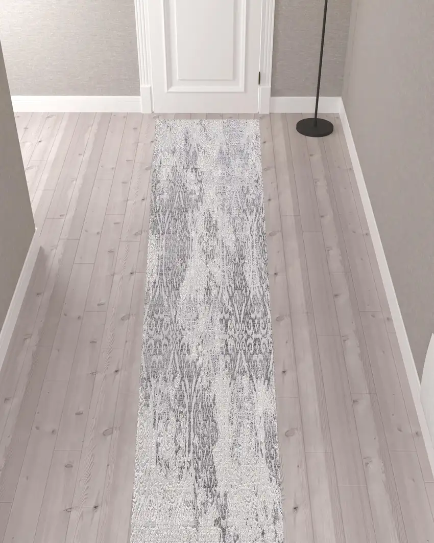 Cream and Gray Faded Filigree Runner Rug Photo 7
