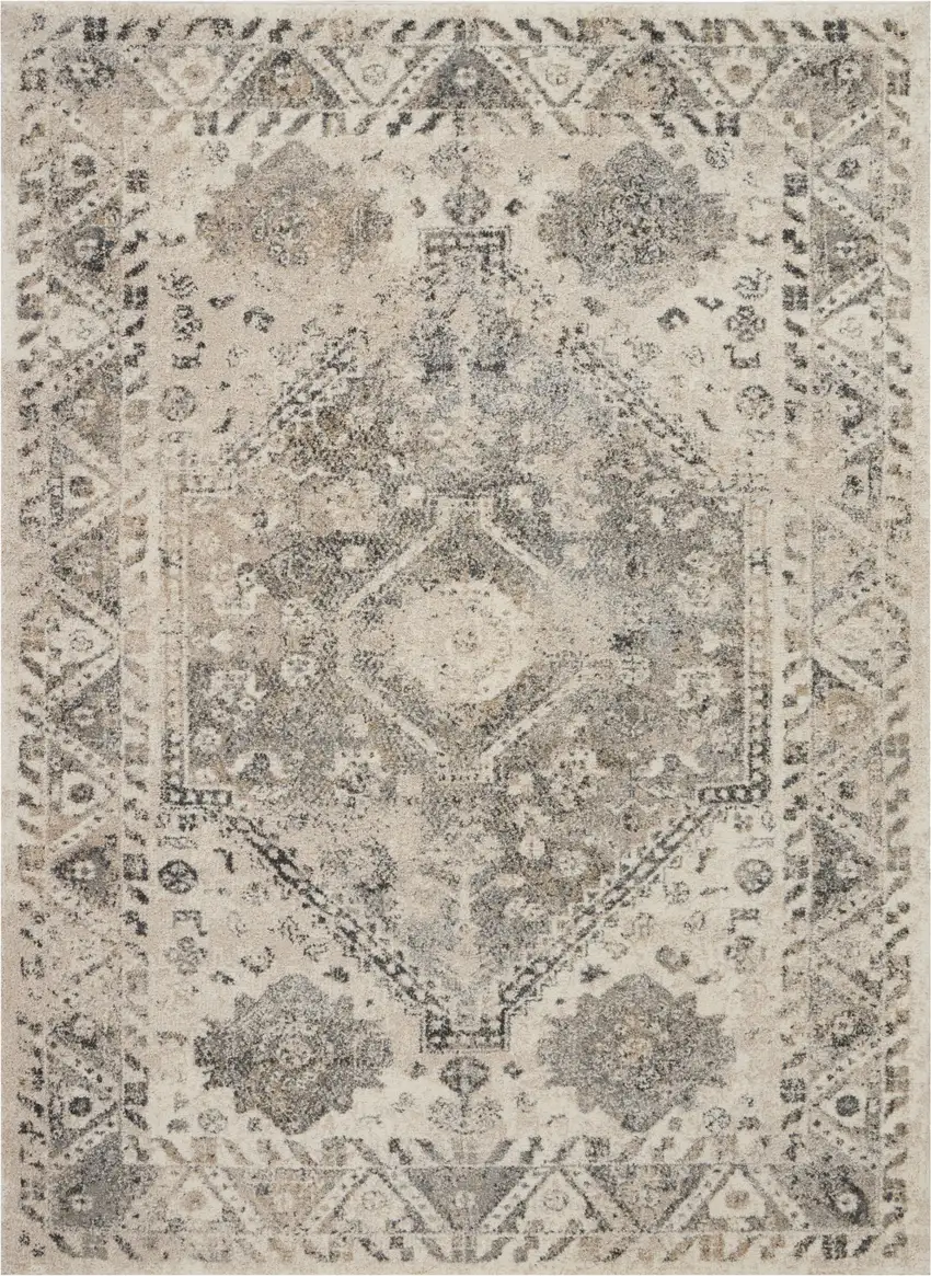 Cream and Gray Floral Distressed Area Rug Photo 1