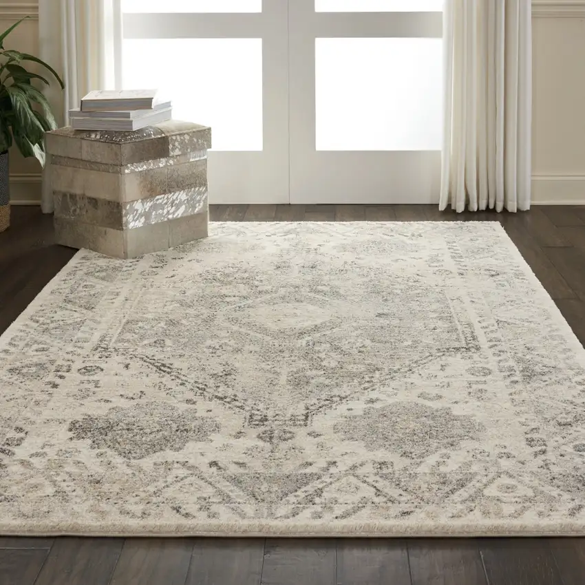 Cream and Gray Floral Distressed Area Rug Photo 4
